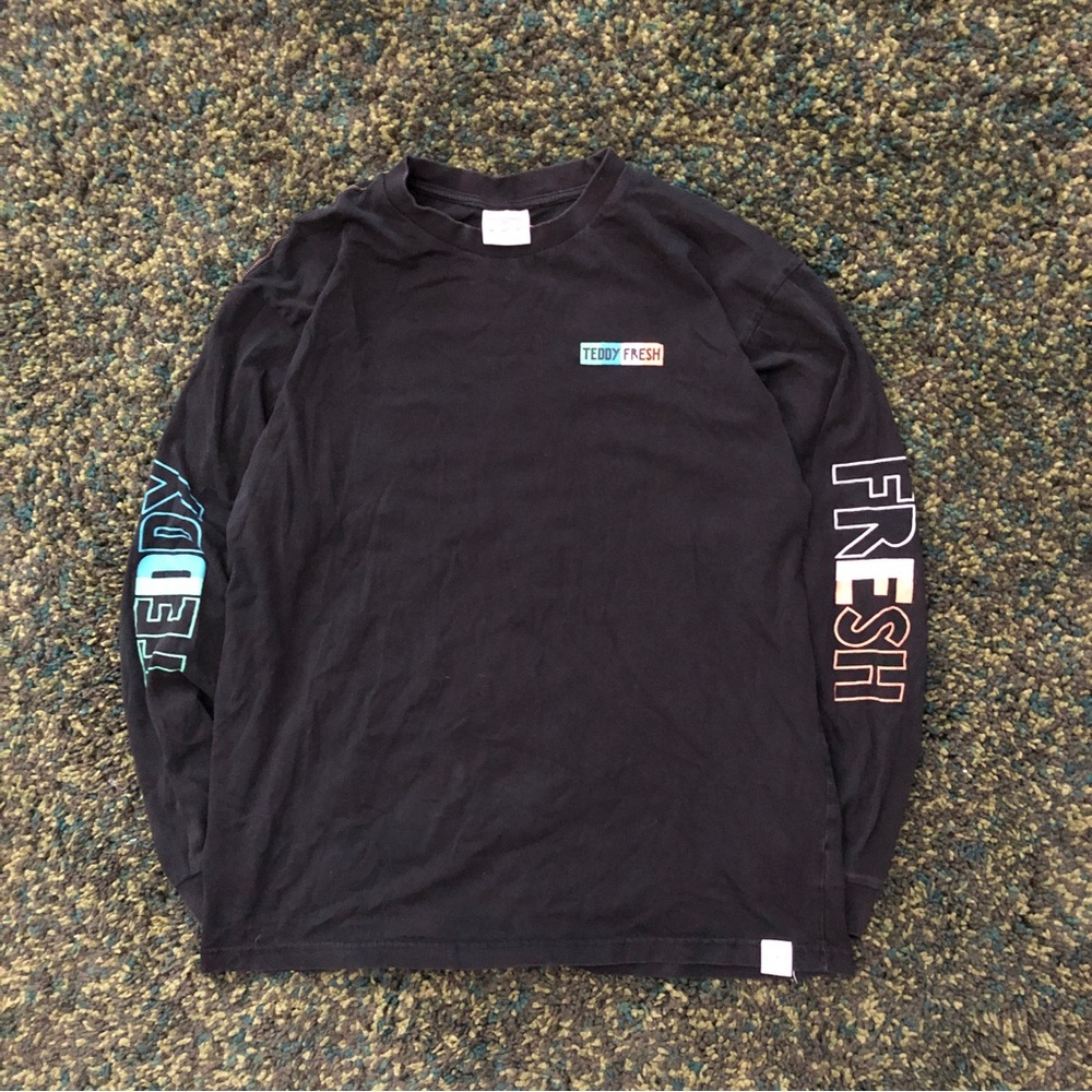 Teddy Fresh Black Long Sleeve Tee with Multicolor Sleeve Lettering